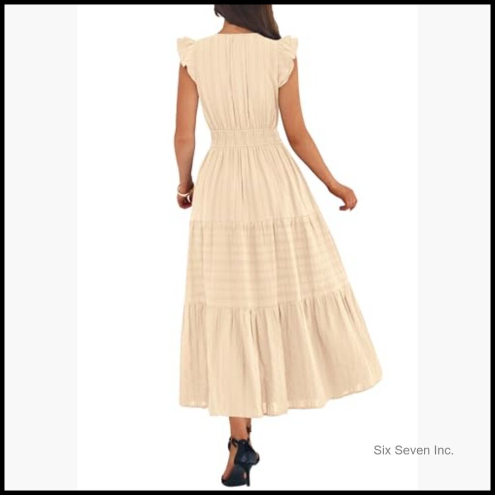 Breathable Cotton Maxi Dress with Pockets, Flutter Sleeves, Elastic Waist - Picture 3 of 7